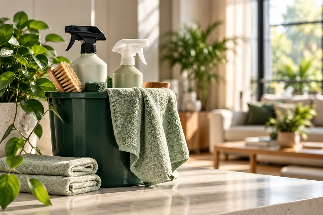 Cleaning products, cloths and equipment arranged in a bright home